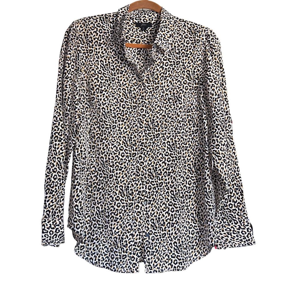 J Crew Silk Leopard Cheetah Print Button Up Blouse Sz 10